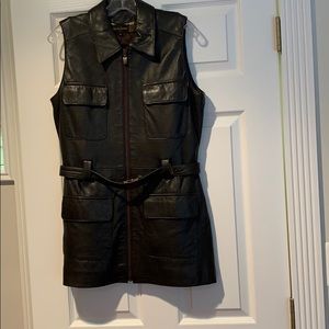 Brown leather long zip vest.